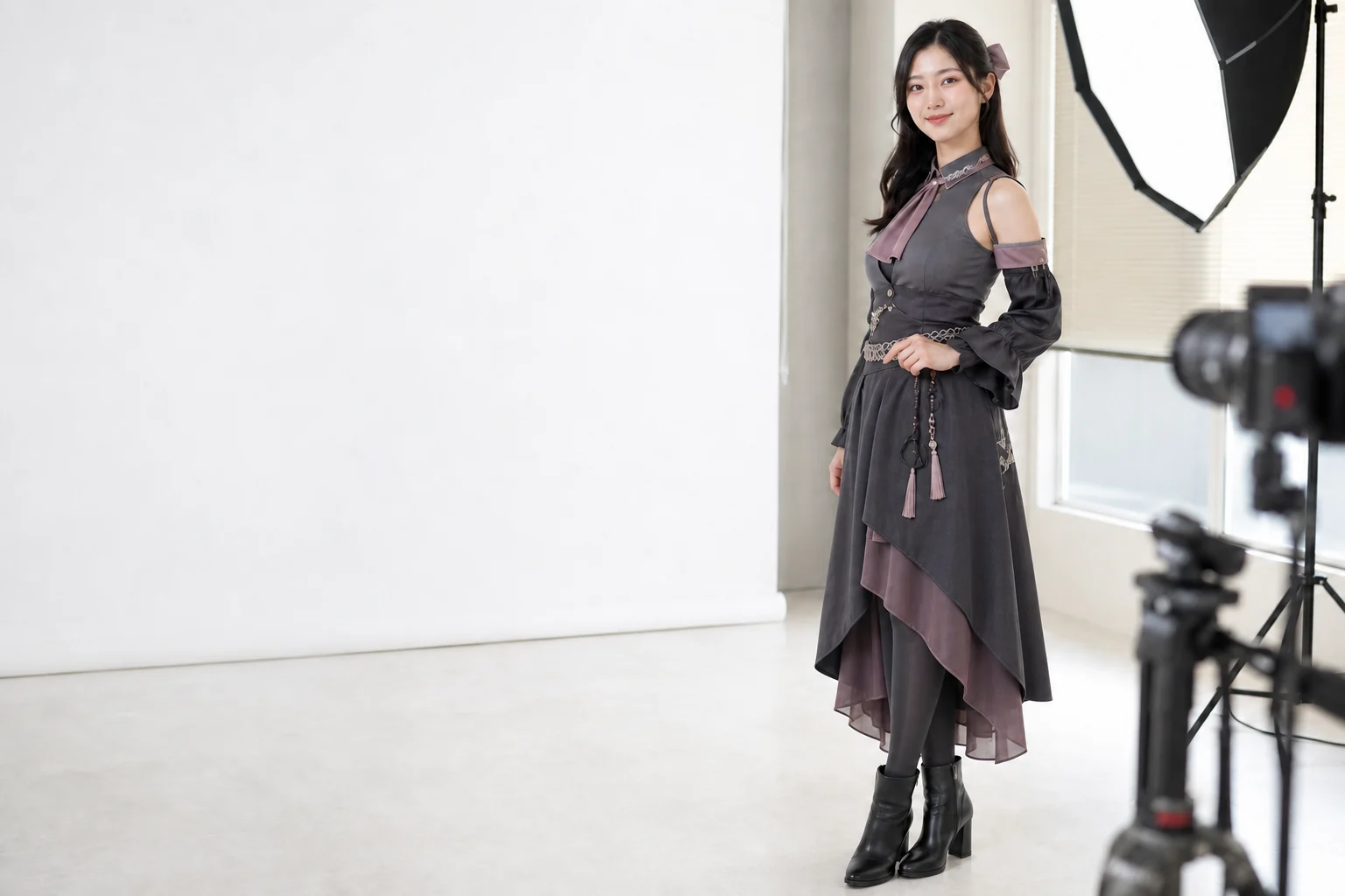 五反田の撮影スタジオでコスプレモデルの仕事に臨む成人女性
